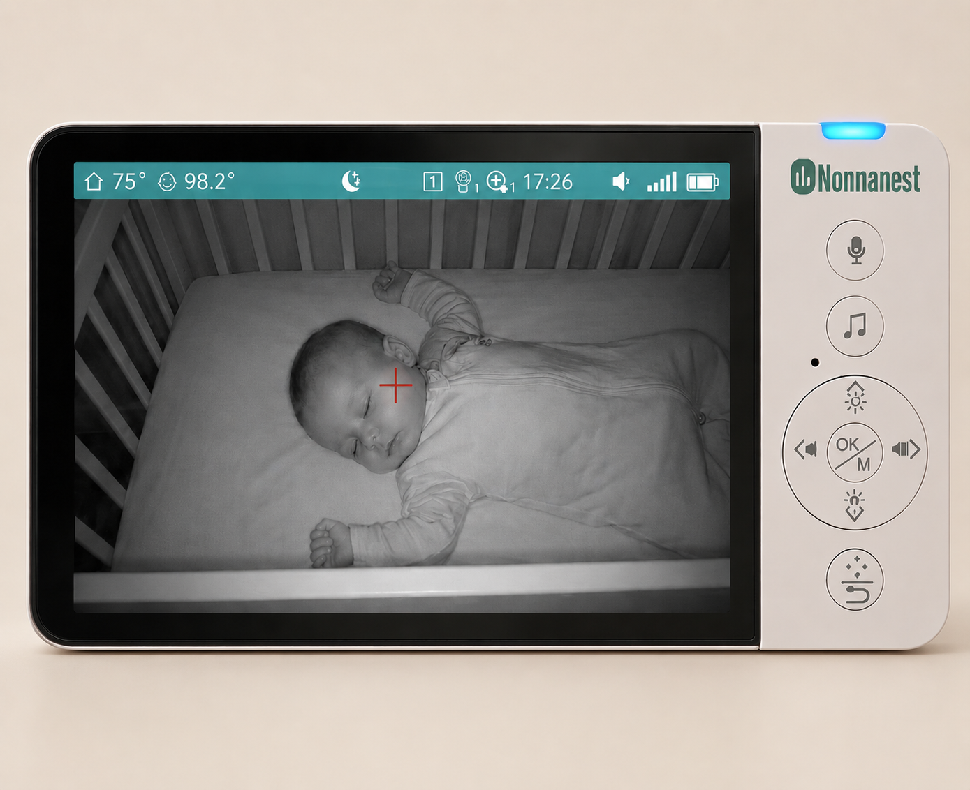 SightAware parent display close-up showing skin temperature reading