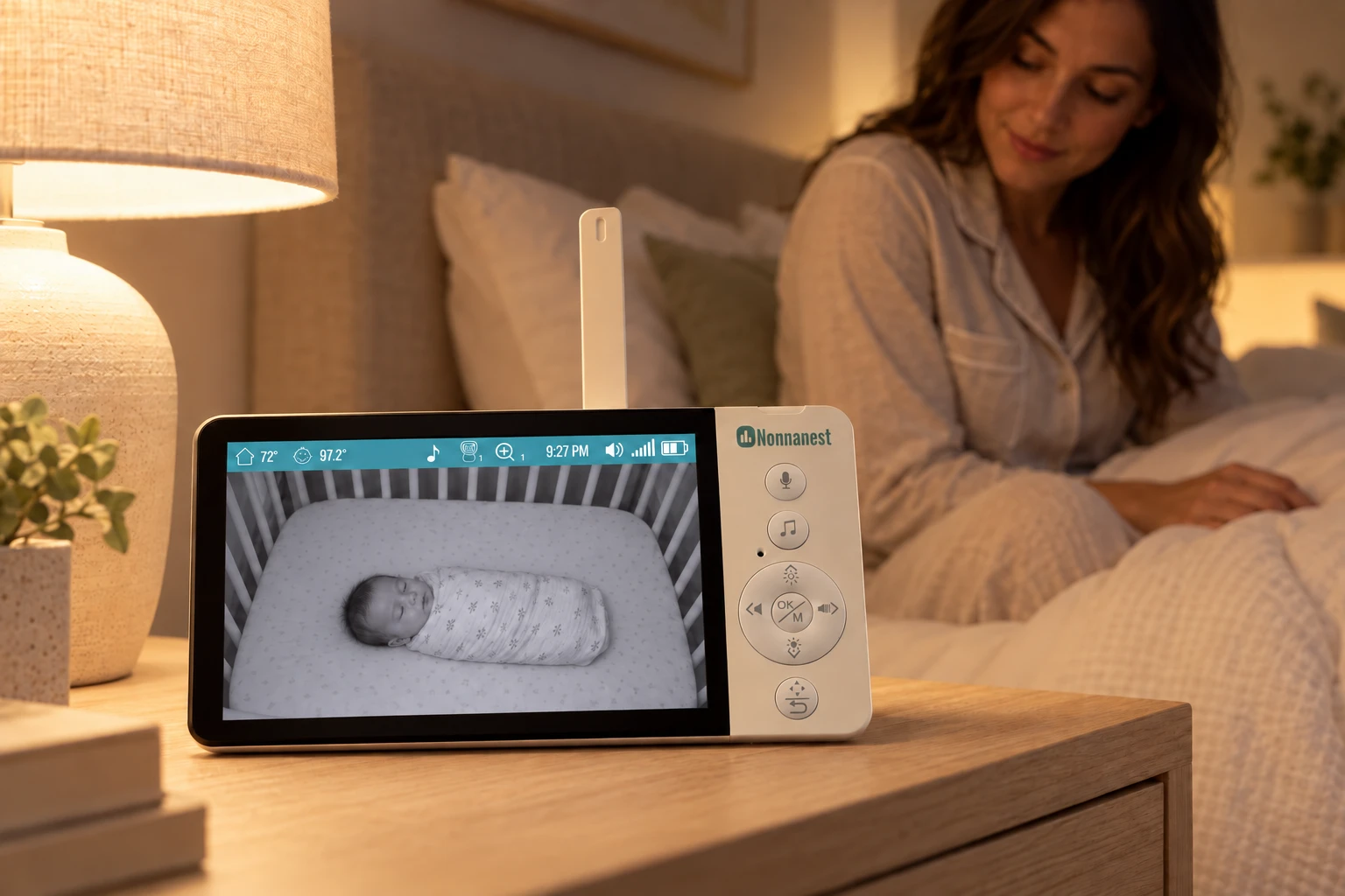 The Nonnanest handheld on a nightstand at bedtime, showing a sleeping baby with a 72° room reading and a 97.2° skin temperature reading, while a parent relaxes in bed.