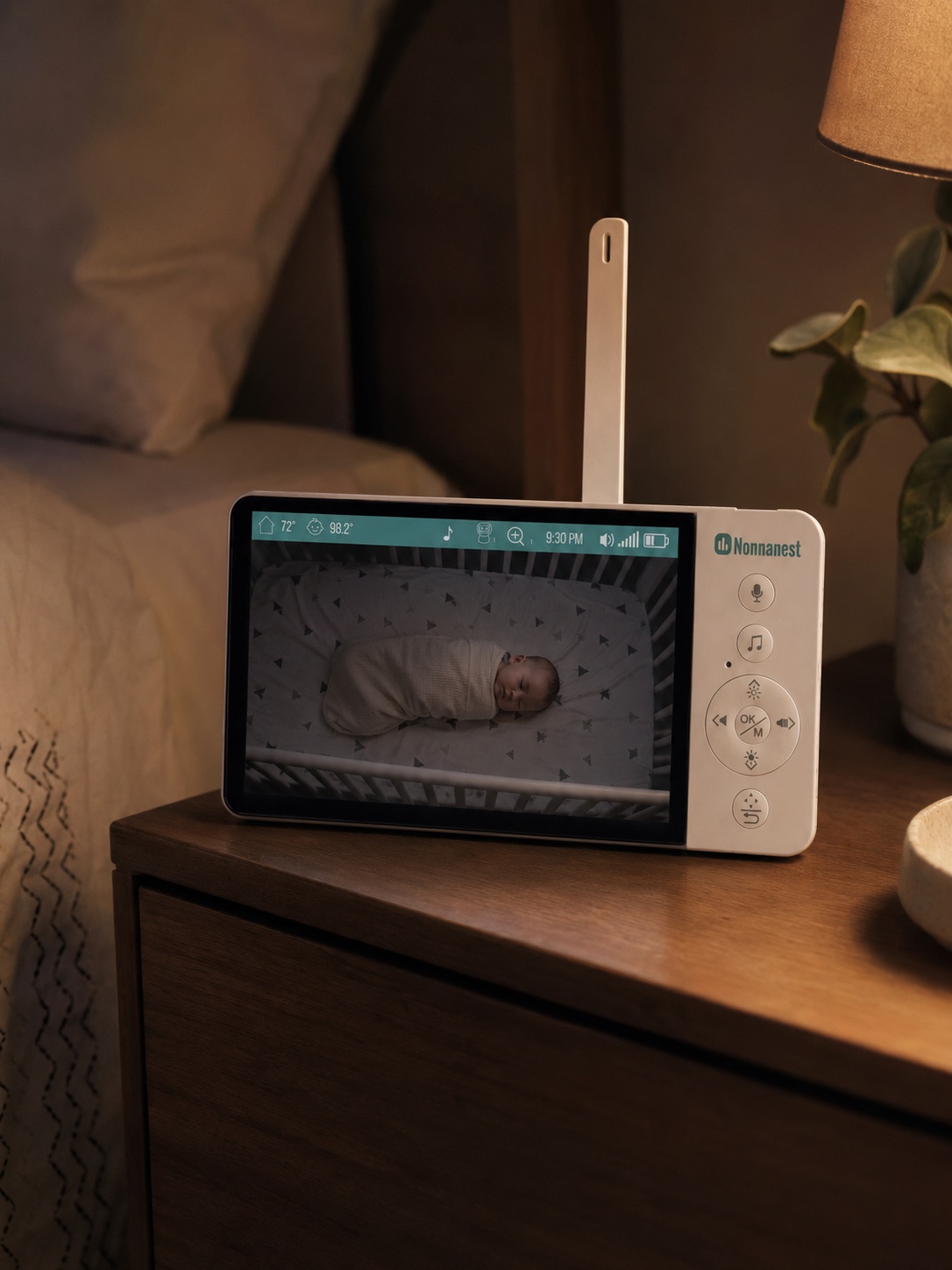 The Nonnanest handheld on a nightstand showing a live view of a sleeping baby and a calm skin temperature reading.