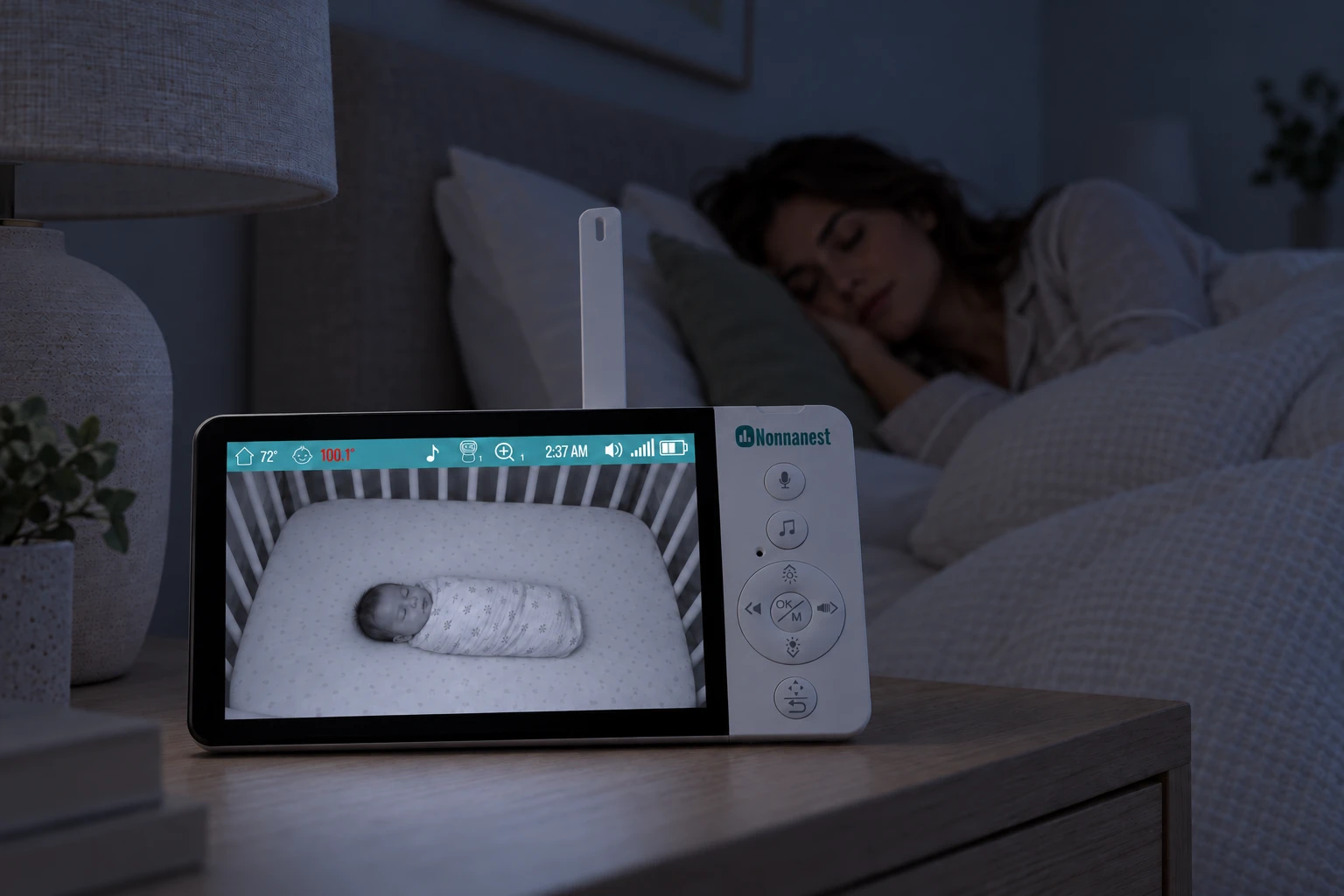 The same nightstand at 2:37 AM. The handheld shows a 72° room reading and a 100.1° skin temperature reading highlighted in red while the parent sleeps.